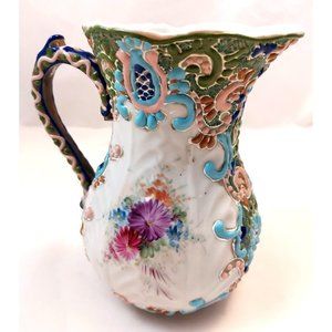 Vintage Japanese Moriage Satsuma Hand Painted Pitcher Vase 6" Flowers